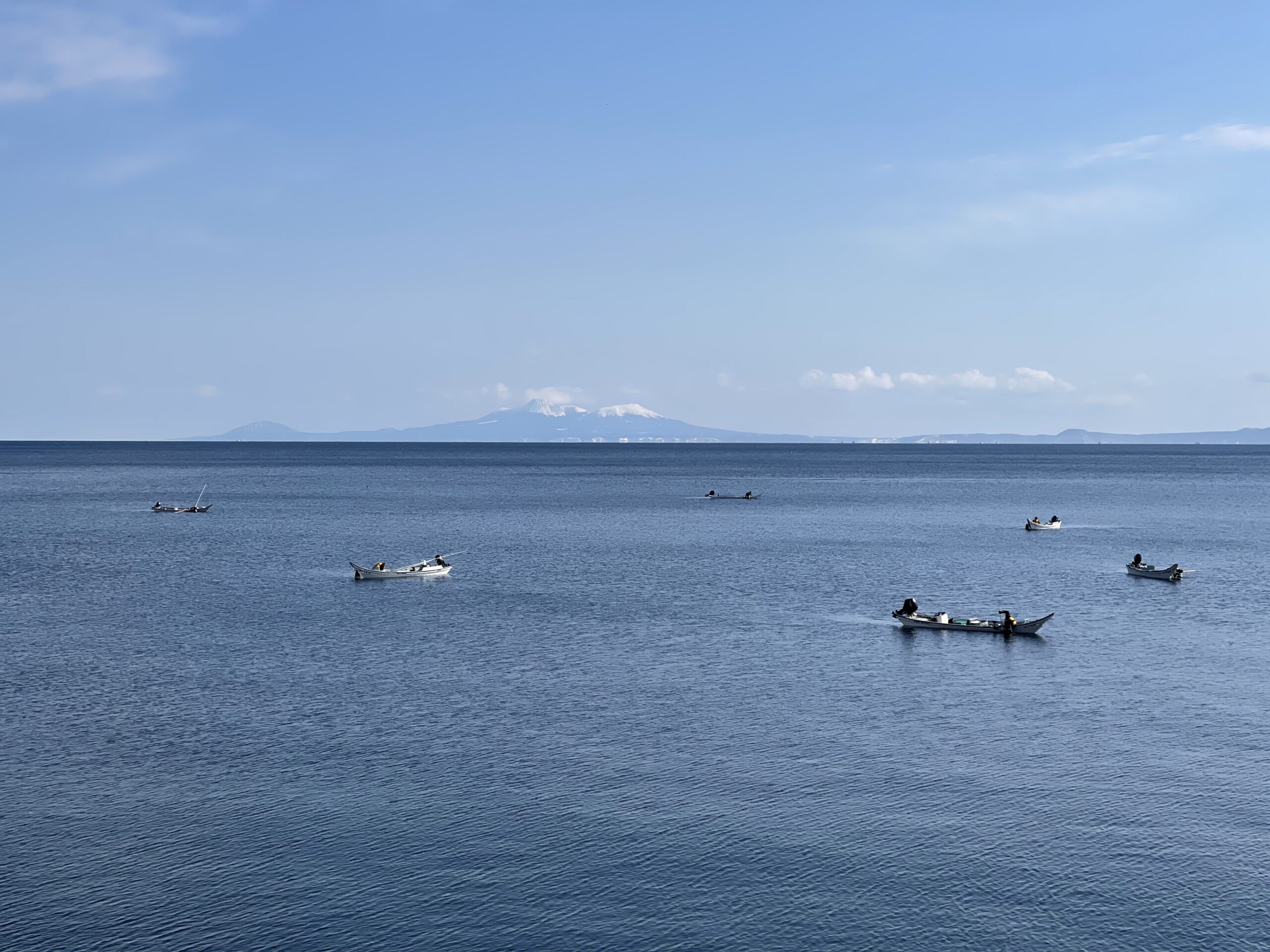 Boats fishing sea urchin off the coast of Rausu, on the eastern side of the Shiretoko Peninsula in eastern Hokkaido. 